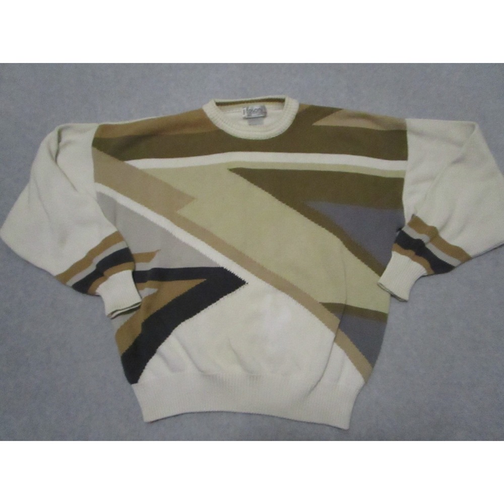 Tosani Sweater Mens Large‎ Beige Geometric Abstract Knit Made in Canada Cotton
